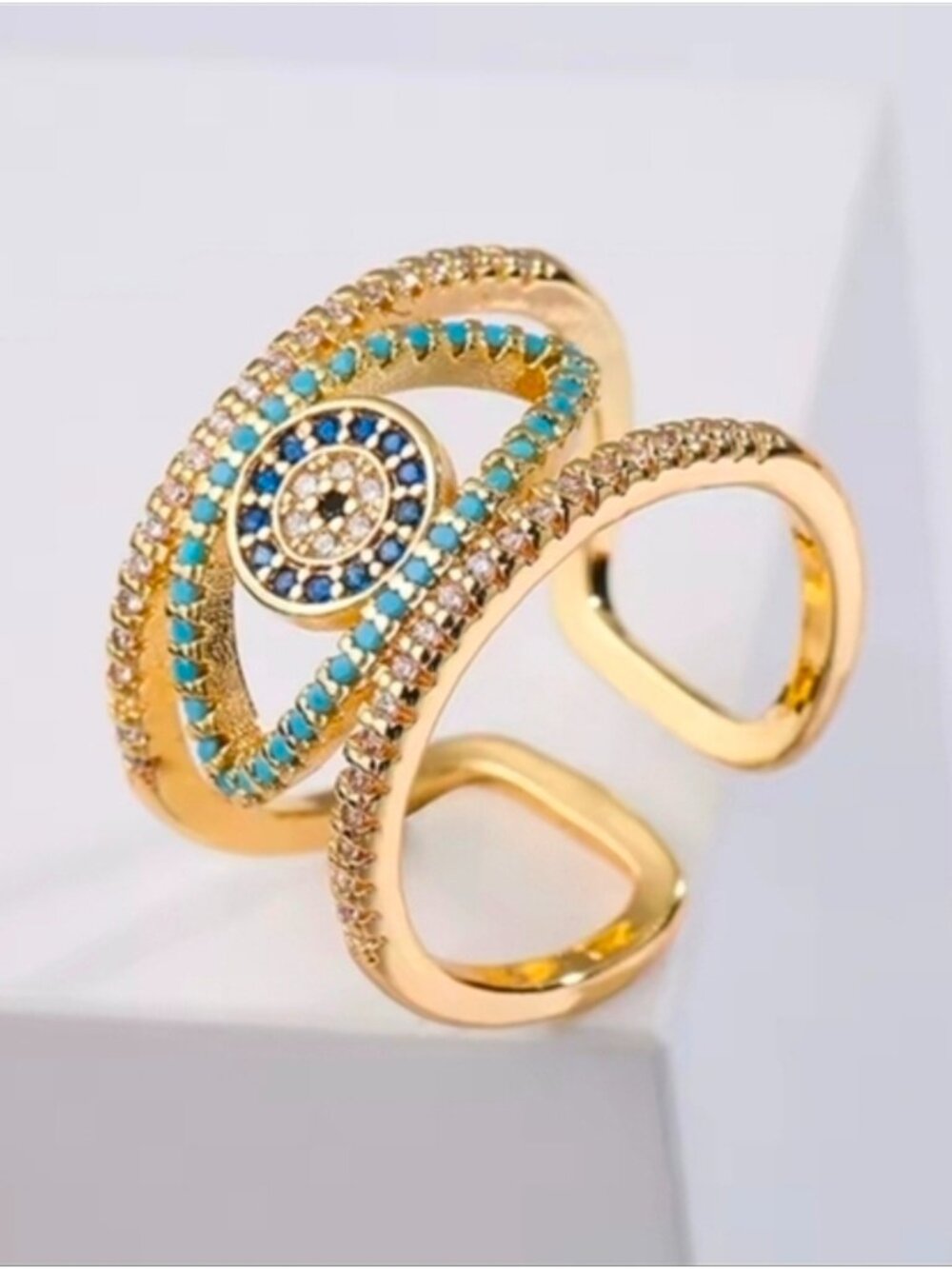Gold-Tone Turquoise & Royal Blue Pavé Eye Open Ring